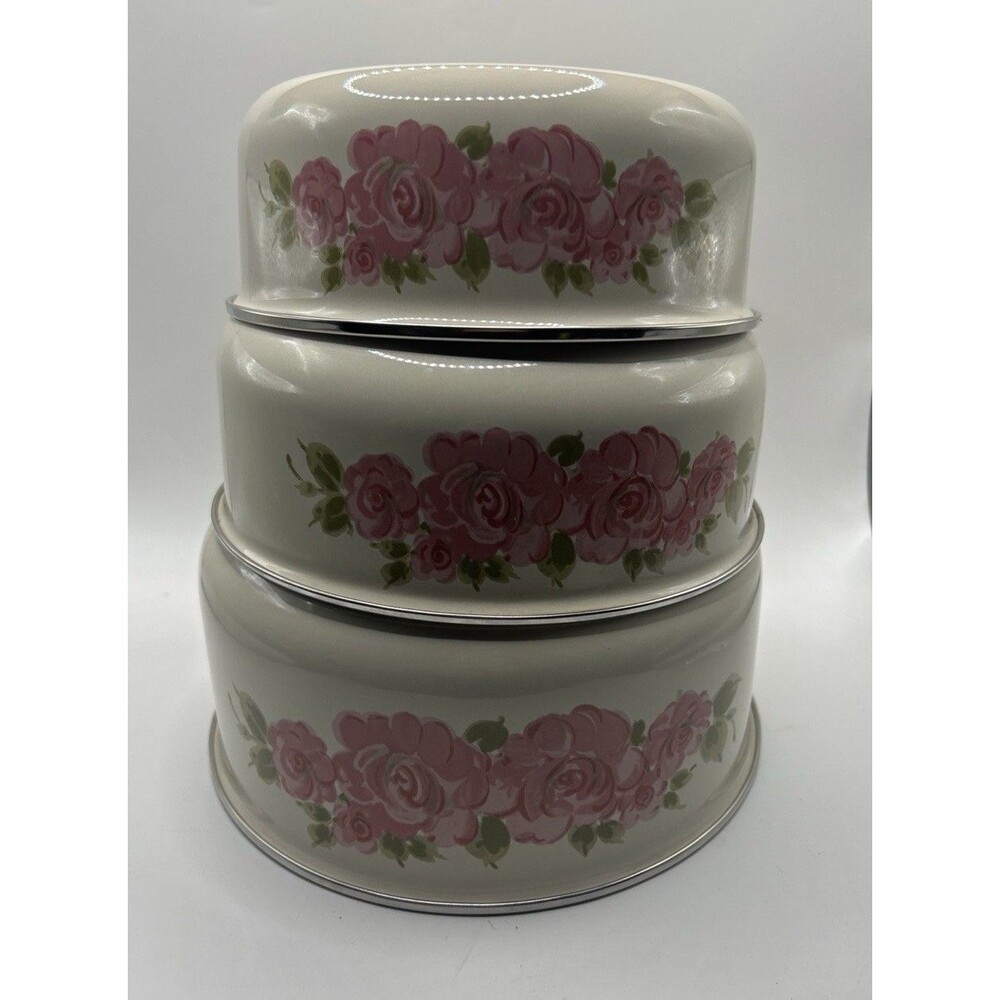 Vtg.3pc. Gibson Roseland Enamel Nesting Bowls Pink Rose Cottage Fairy Romantic